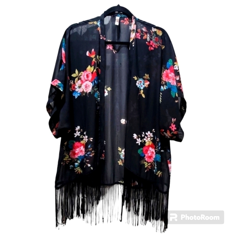 Xhilaration S/M Black Floral Kimono Beachy Fringe Wide Sleeve Coverup Vacation